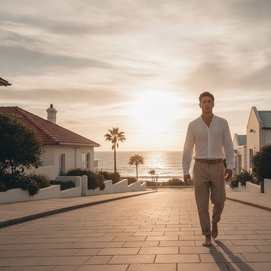 A man wearing Westway Collective menswear walking a coastal Australian street at golden hour